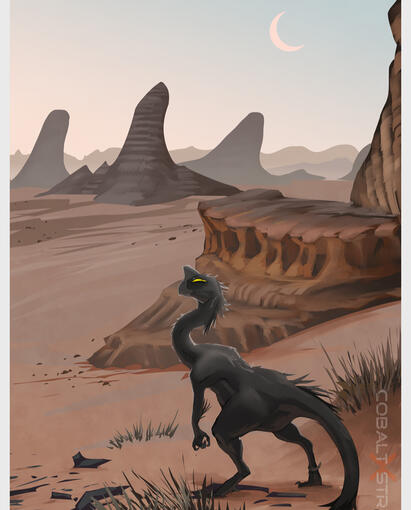 Personal work. My black oviraptor character wanders through a desert.