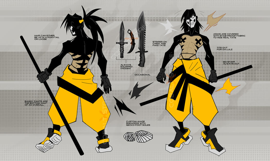 Back and front view of a character in techwear.